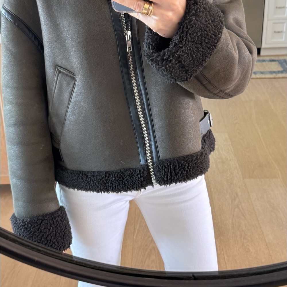 Zara Faux Shearling Jacket, S , dark Green
